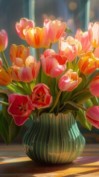 Rozświetlony bukiet tulipanów w wazonie