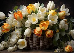 Kwiaty, Białe, Żółte, Tulipany, Koszyk