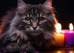 Płonące świece i puszysty kot