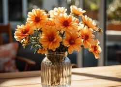 Rozświetlone pomarańczowe kwiaty w wazonie na stole