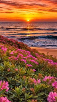 Plaża z różowymi kwiatkami i morze w blasku słońca