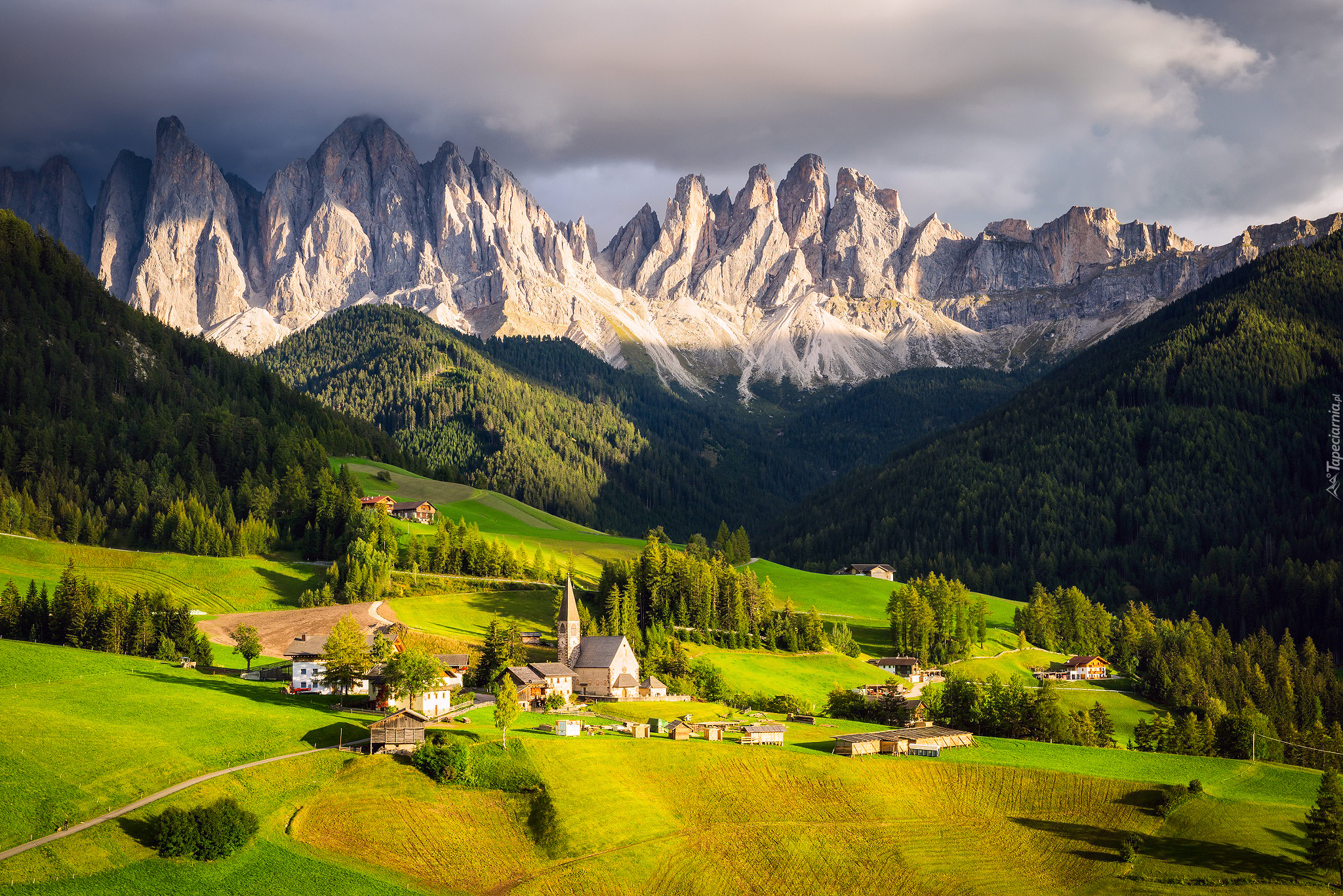 Włochy, Góry Dolomity, Masyw Odle, Dolina Val di Funes, Wieś Santa Maddalena, Lasy, Domy
