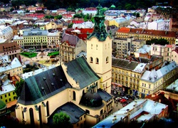Domy, Kościoły, Ulice, Lwów, Panorama, Miasta, Ukraina