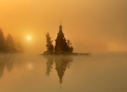 Cerkiew, Wyspa, Jezioro, Mgła, Drzewa