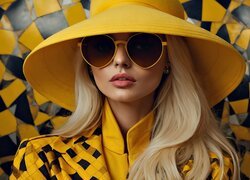 Blondynka w okularach i żółtym kapeluszu