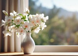 Bukiet białych kwiatów w wazonie przy oknie