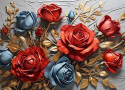Czerwone i niebieskie róże ze złotymi liśćmi