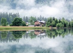 Domy, Las, Drzewa, Góry, Mgła, Jezioro Almsee, Grunau im Almtal, Austria