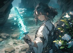 Młoda kobieta z mieczem nad rzeką w anime