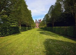 Zamek, Chateau de Trevarez, Ogród, Żywopłot, Drzewa, Saint-Goazec, Bretania, Francja
