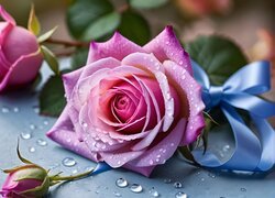 Różowa róża z niebieską kokardą