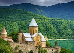 Gruzja, Twierdza Ananuri, Wieża, Rzeka Aragwi, Góry, Kaukaz