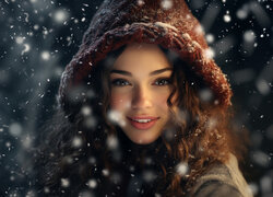 Uśmiechnięta długowłosa dziewczyna ze śniegiem na czapce