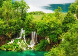 Wodospady, Jeziora, Drzewa, Rośliny, Skały, Park Narodowy Jezior Plitwickich, Chorwacja